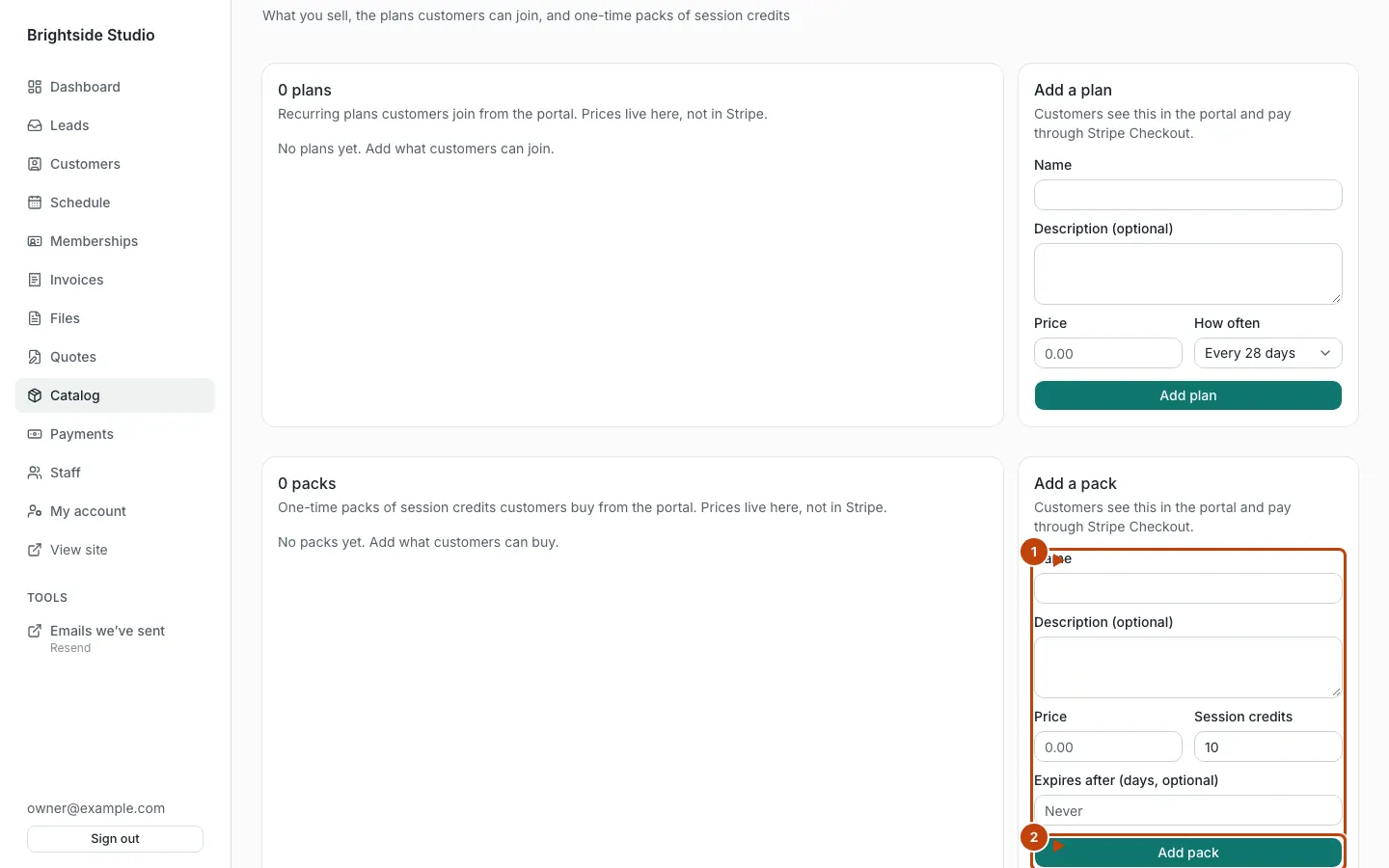 Add a pack form in Catalog, with the form and Add pack marked