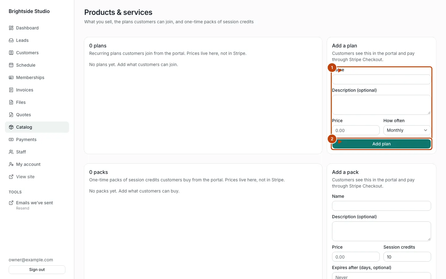 Add a plan form in Catalog, with the form and Add plan button marked