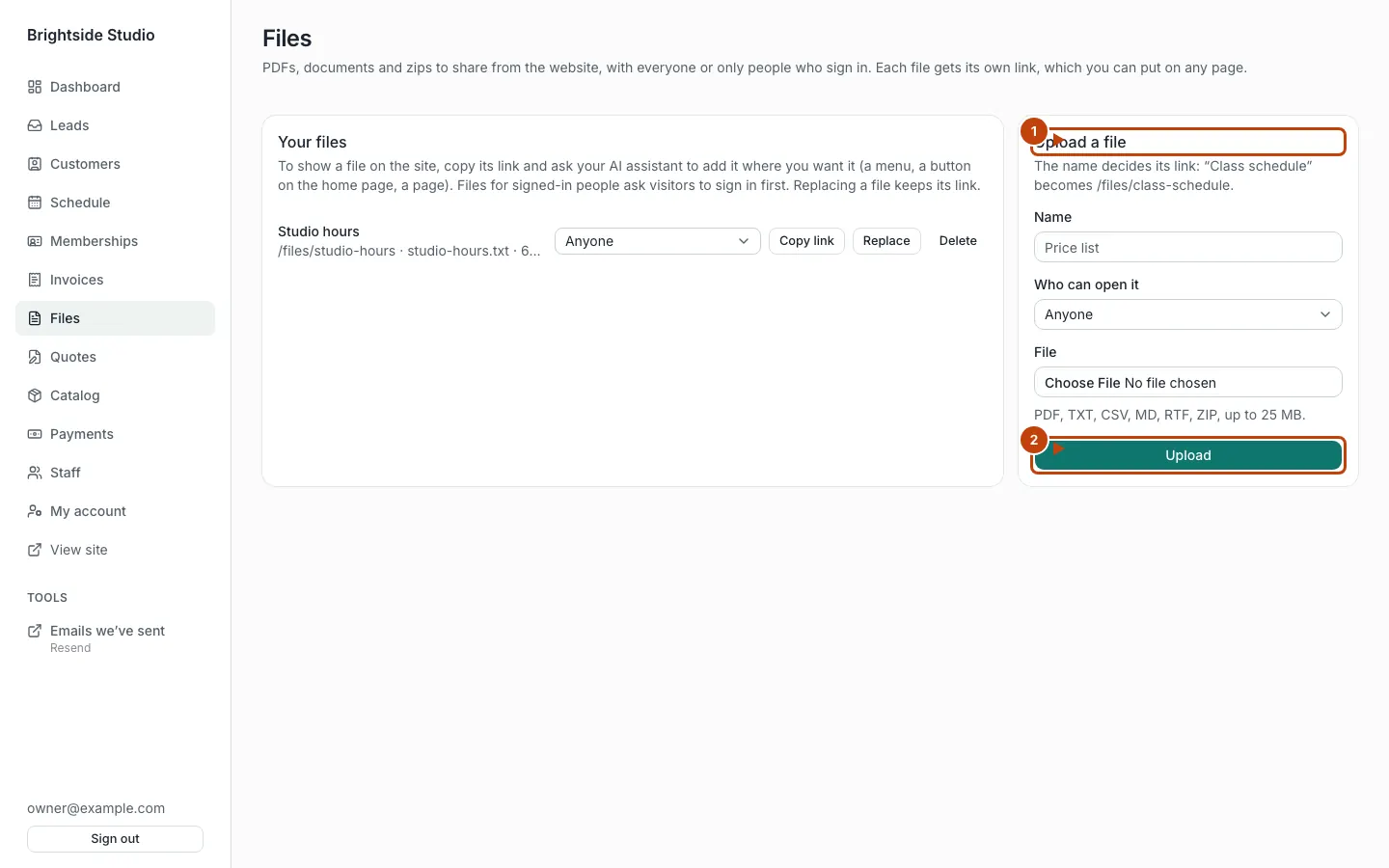 Files page with the upload form and Upload marked