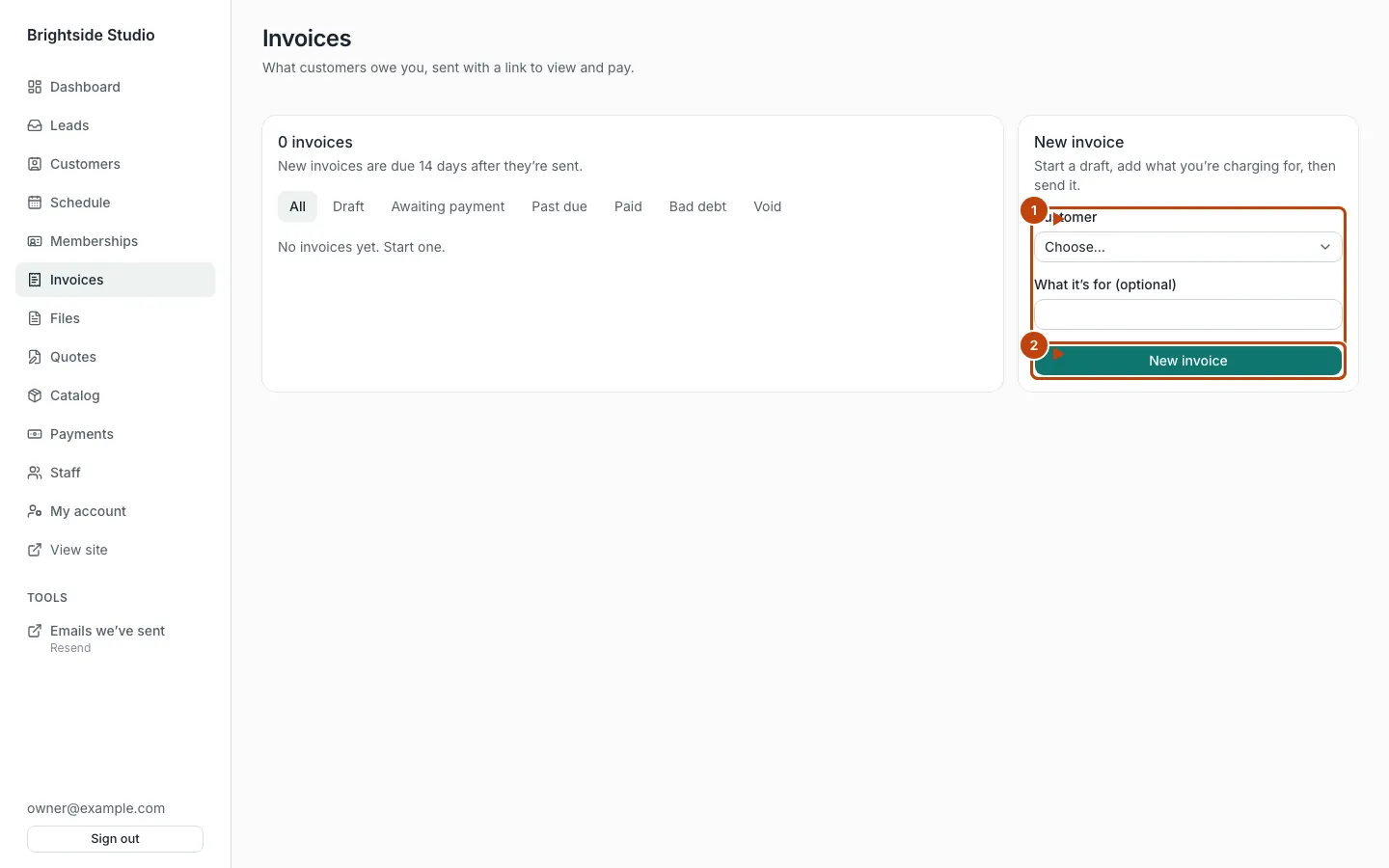 New invoice form with New invoice marked