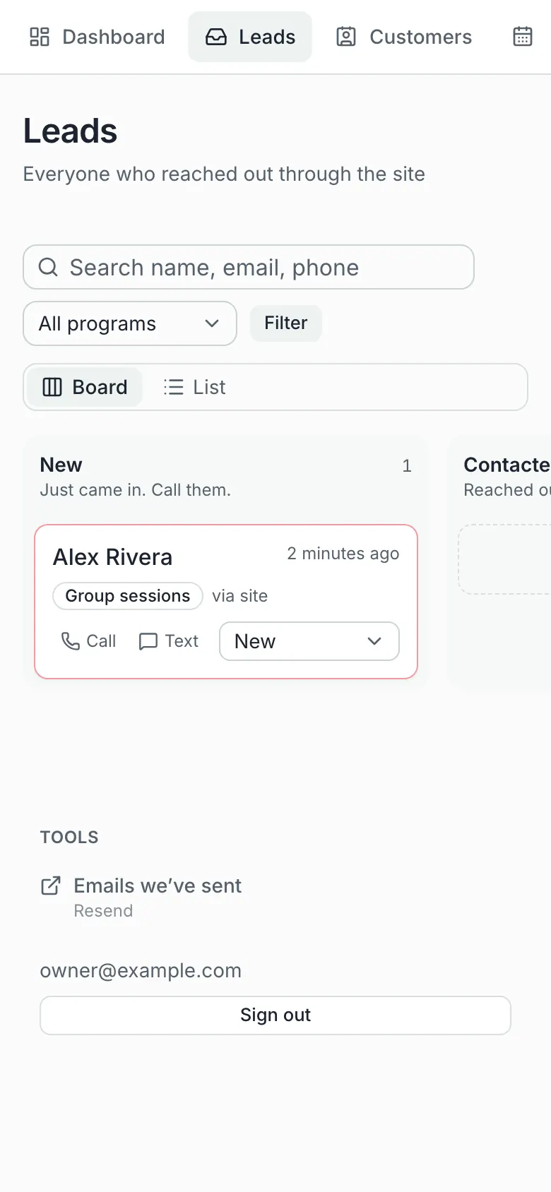 Leads board on a phone