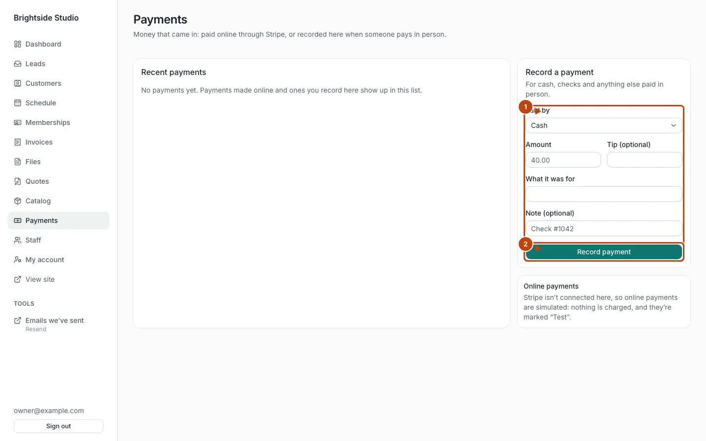 Record a payment form, with the form and Record payment marked