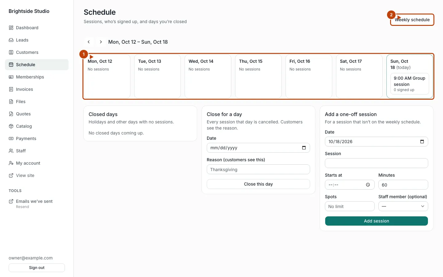 Weekly schedule in the Brightside Studio admin, with the week grid and Weekly schedule link marked