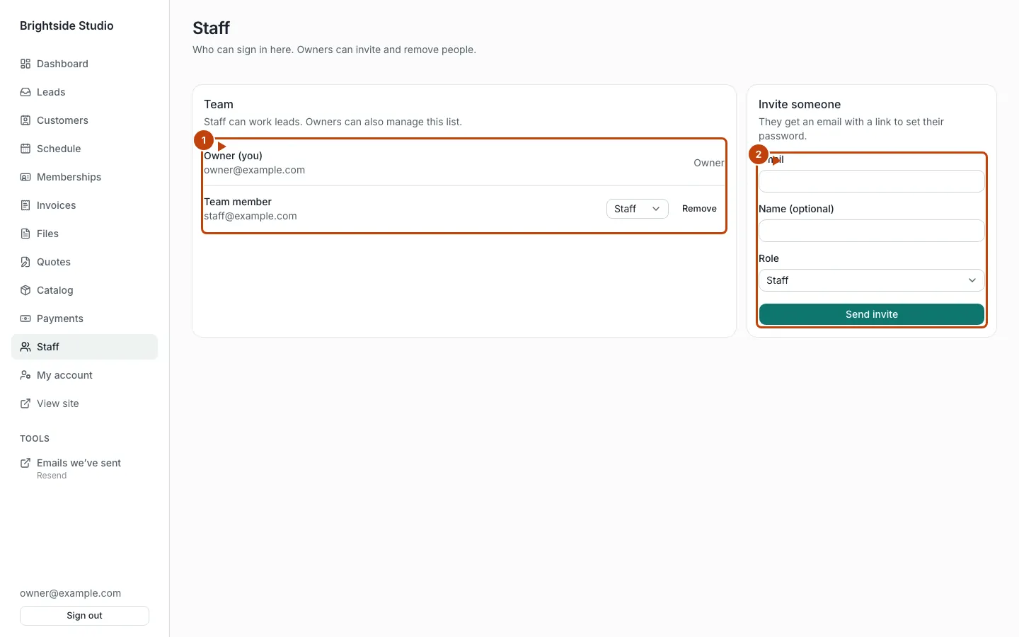 Staff page, with the team list and invite form marked